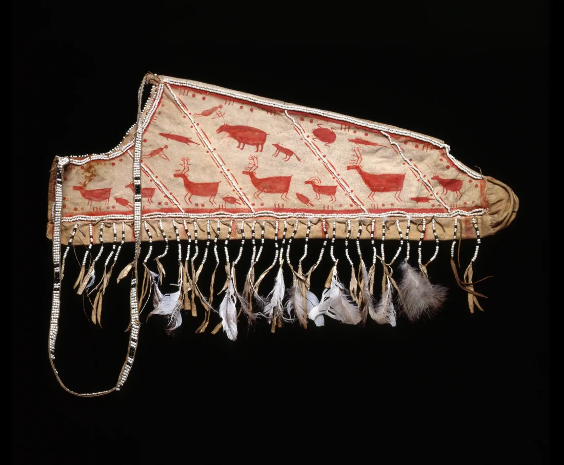 Painted leather quiver with depictions of animals and hunters