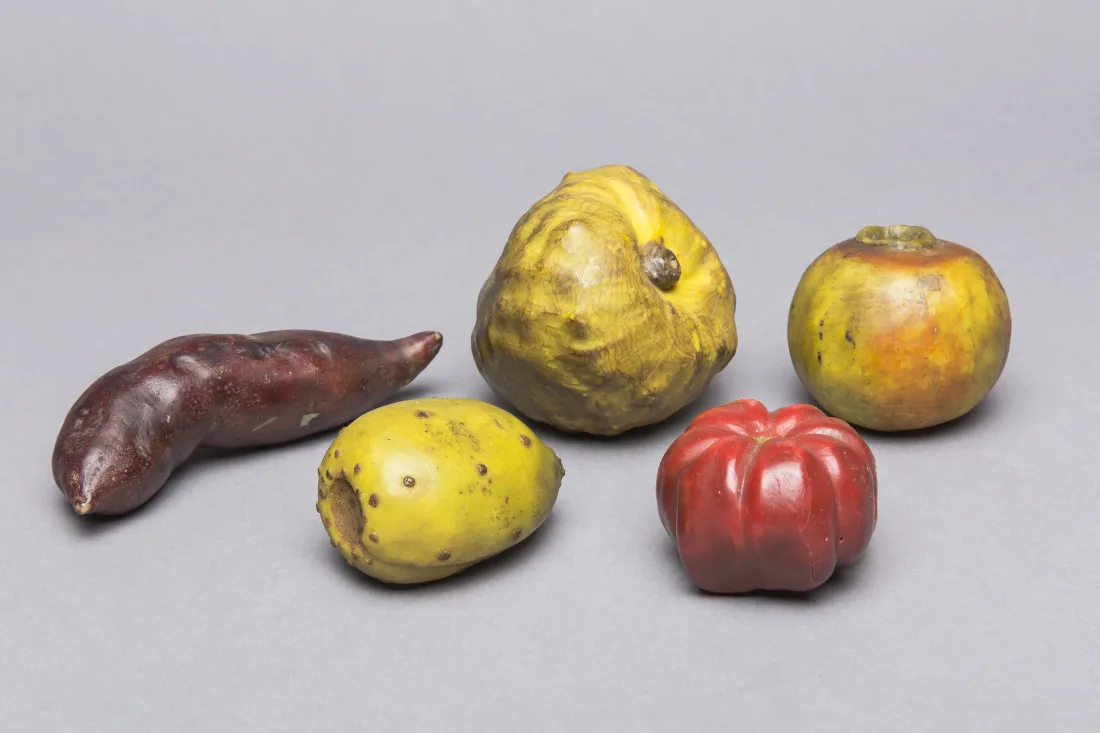 Five wax fruits, sweet potato, cactus fig, chirimoya, tomato, passion fruit