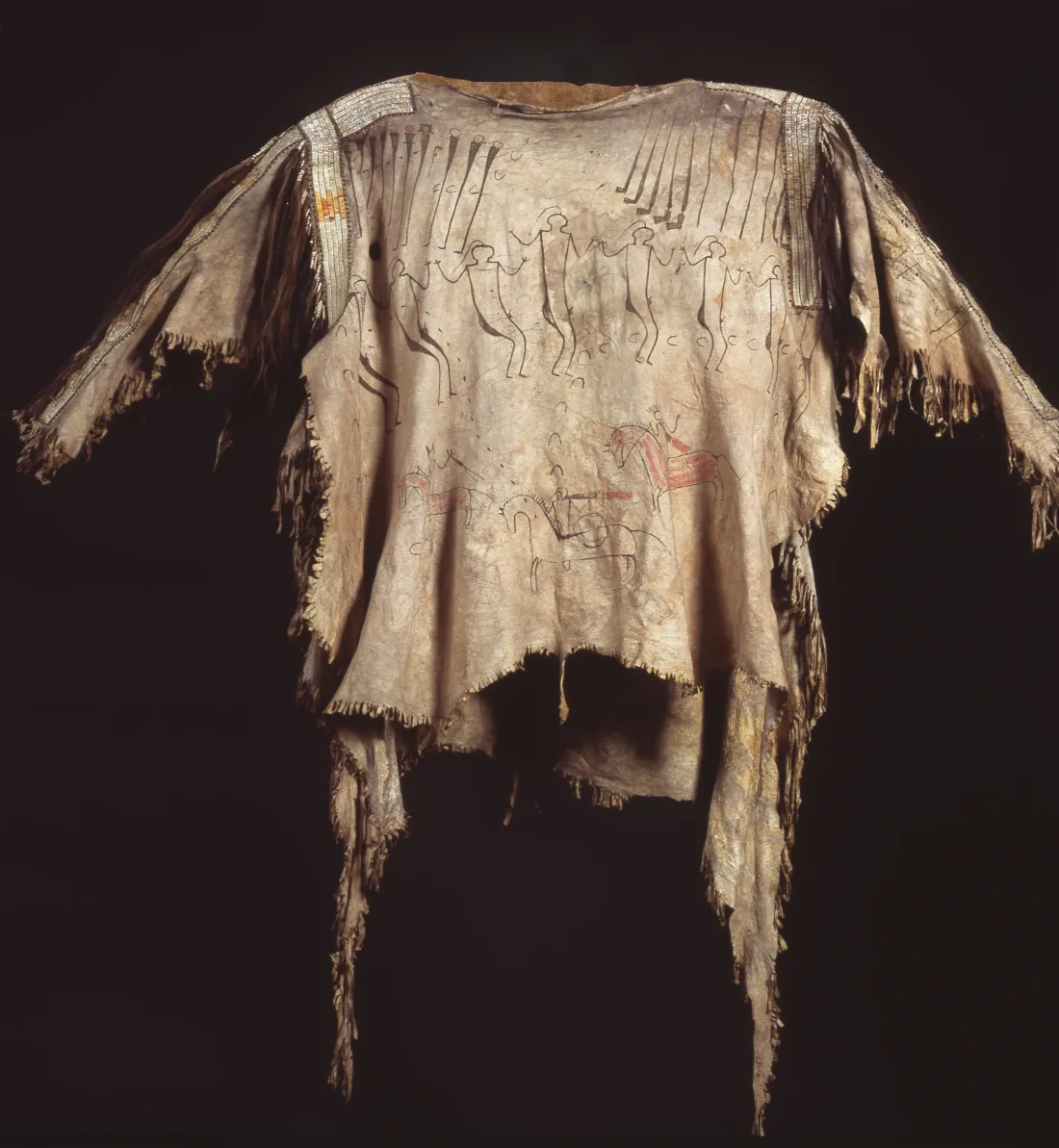 Painted leather shirt with embroidery of porcupine quills and locks of hair