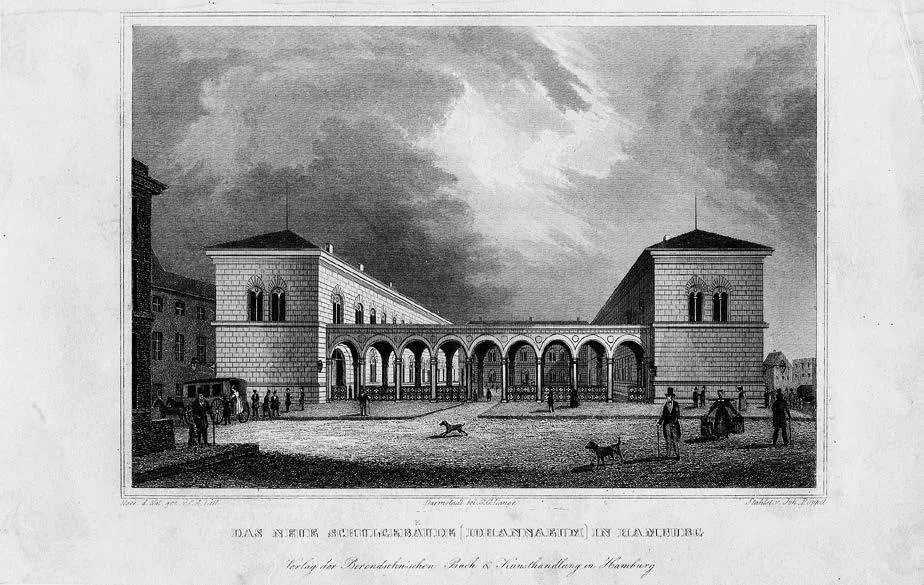 Historische Radierung, Ansicht Johanneum Hamburg