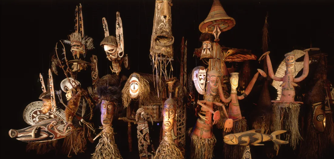 Masks of the South Seas, general view in front of dark background
