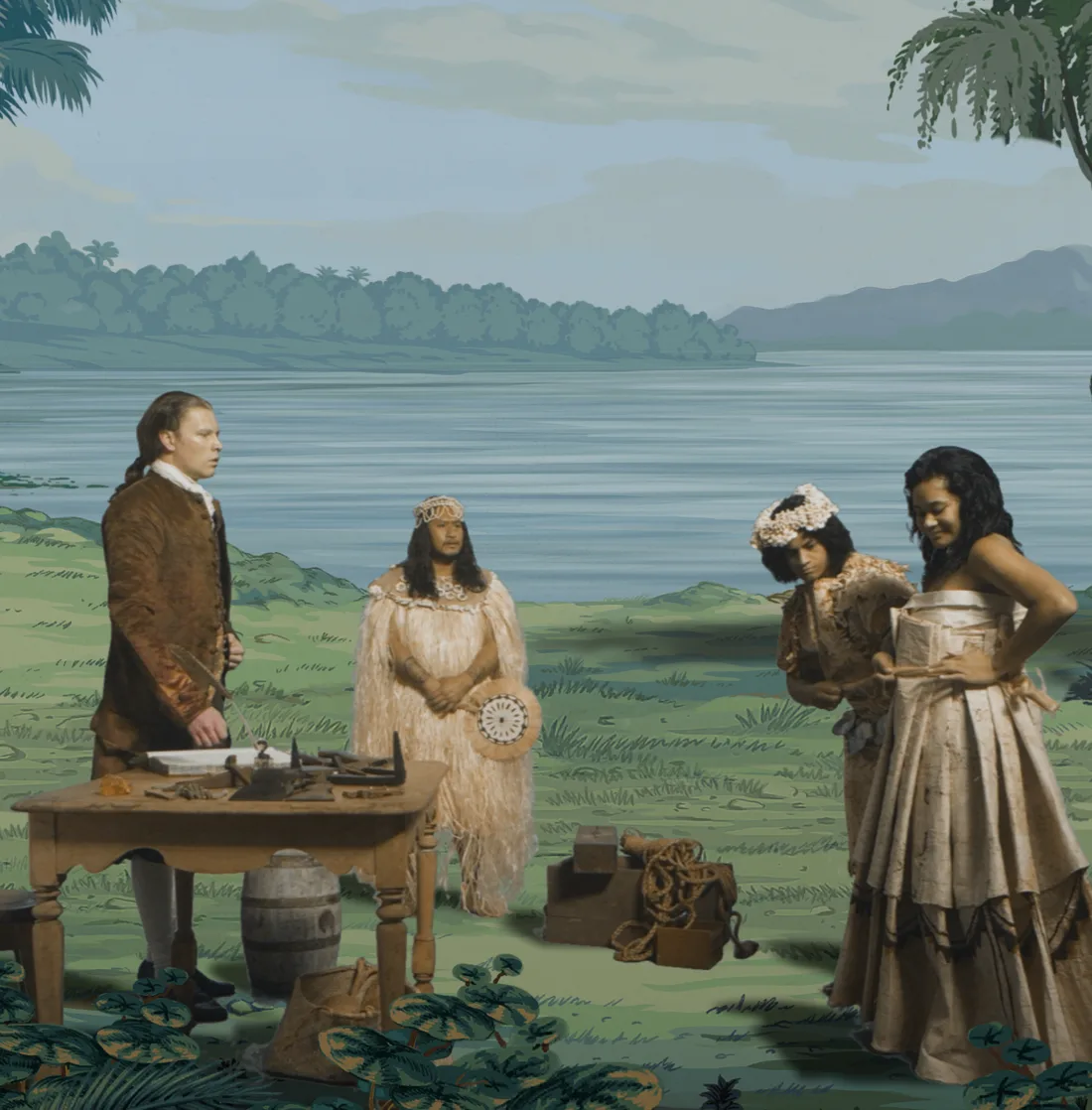 Ausschnitt, Videoinstallation von Lisa Reihana, In Pursuit of Venus [infected], 2015–17, Farbe, Ton, mehrere Personen, Ufer, See