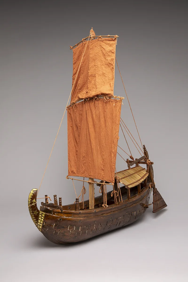 Model of boat for the transport of livestock, Bangladeshi boat builders, Pabna, Bangladesh, before 2005, Padma River, Ganges Delta, Wood, metal, fabric