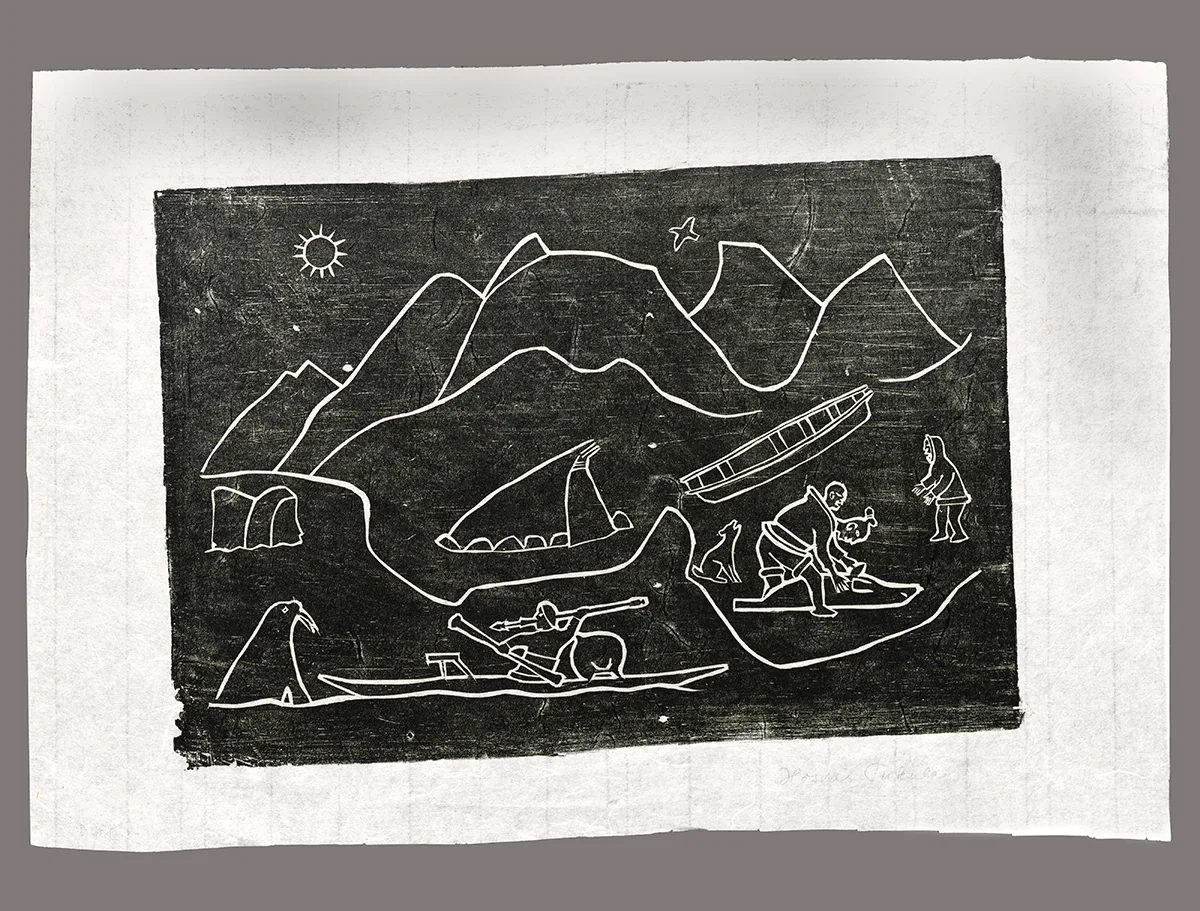 Summer Camp: A Seal Hunt Scene, Hoseas Tukula (Kalaallit), Tasiilaq, Tunu (East Greenland), 20th century, Greenland Sea, Wood print